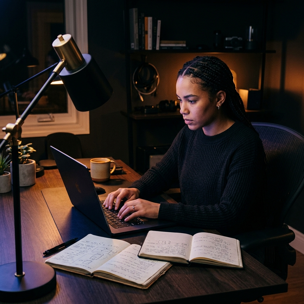 Developer evaluating code at focused workstation
