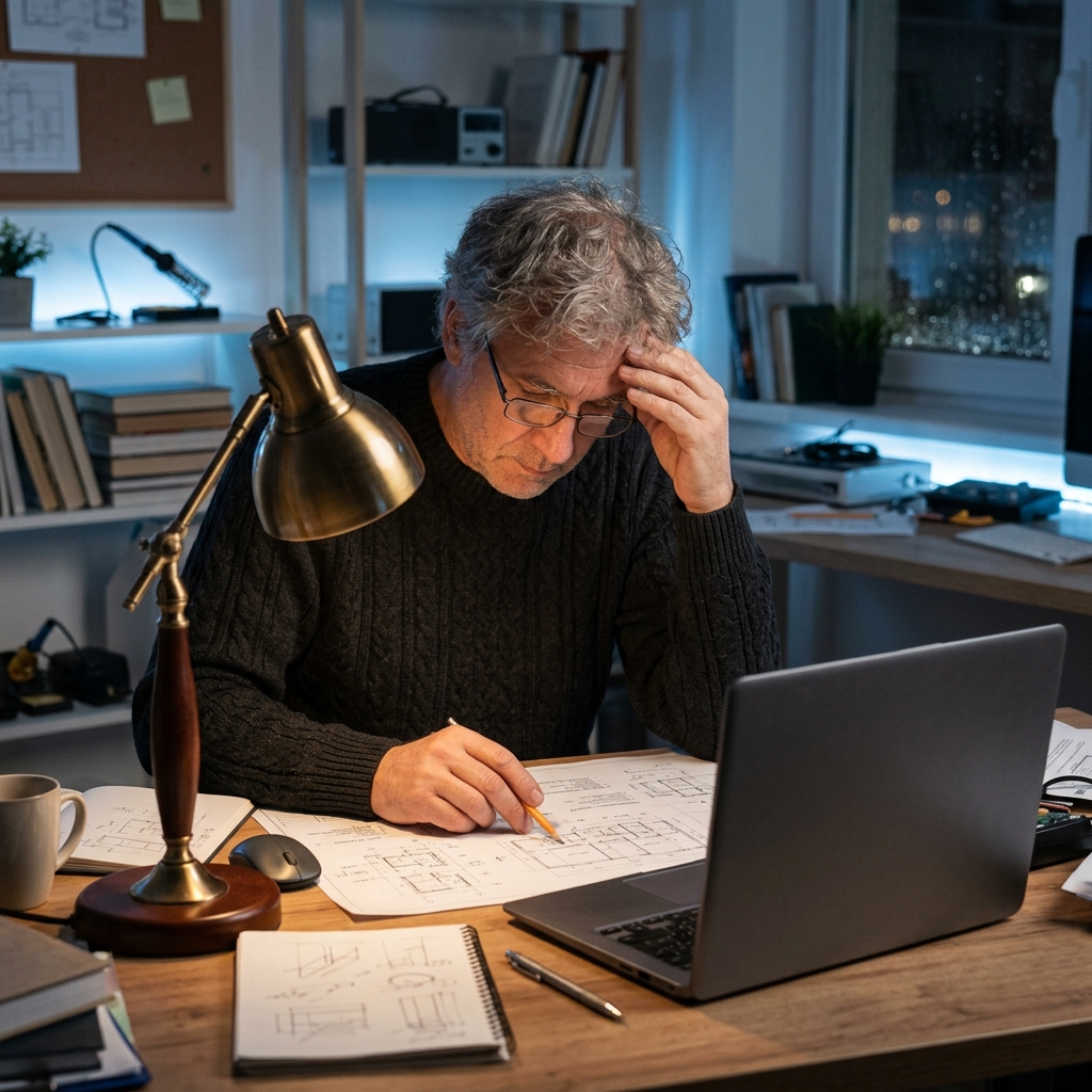 Developer analyzing architectural patterns at desk