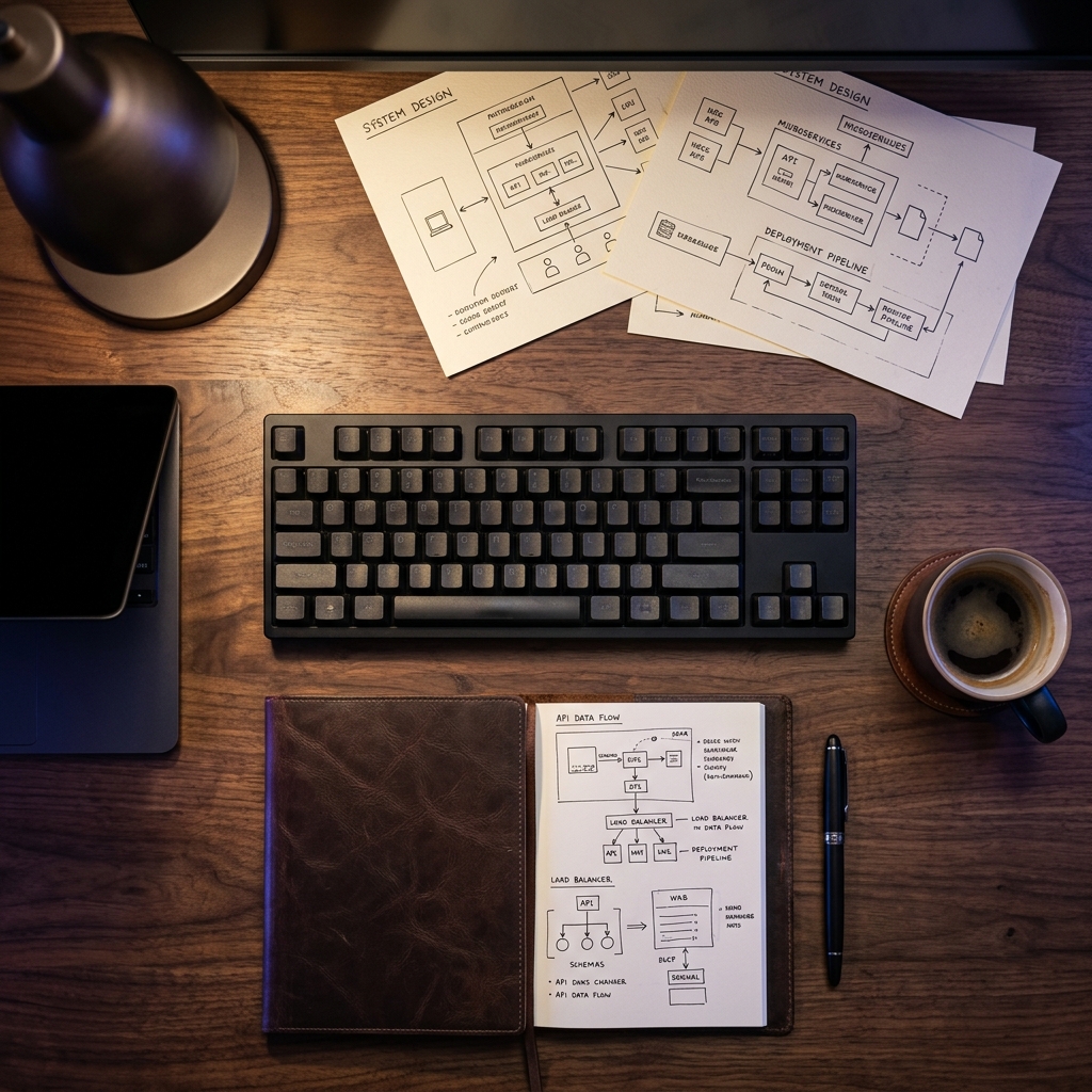 Overhead view of disciplined developer workspace