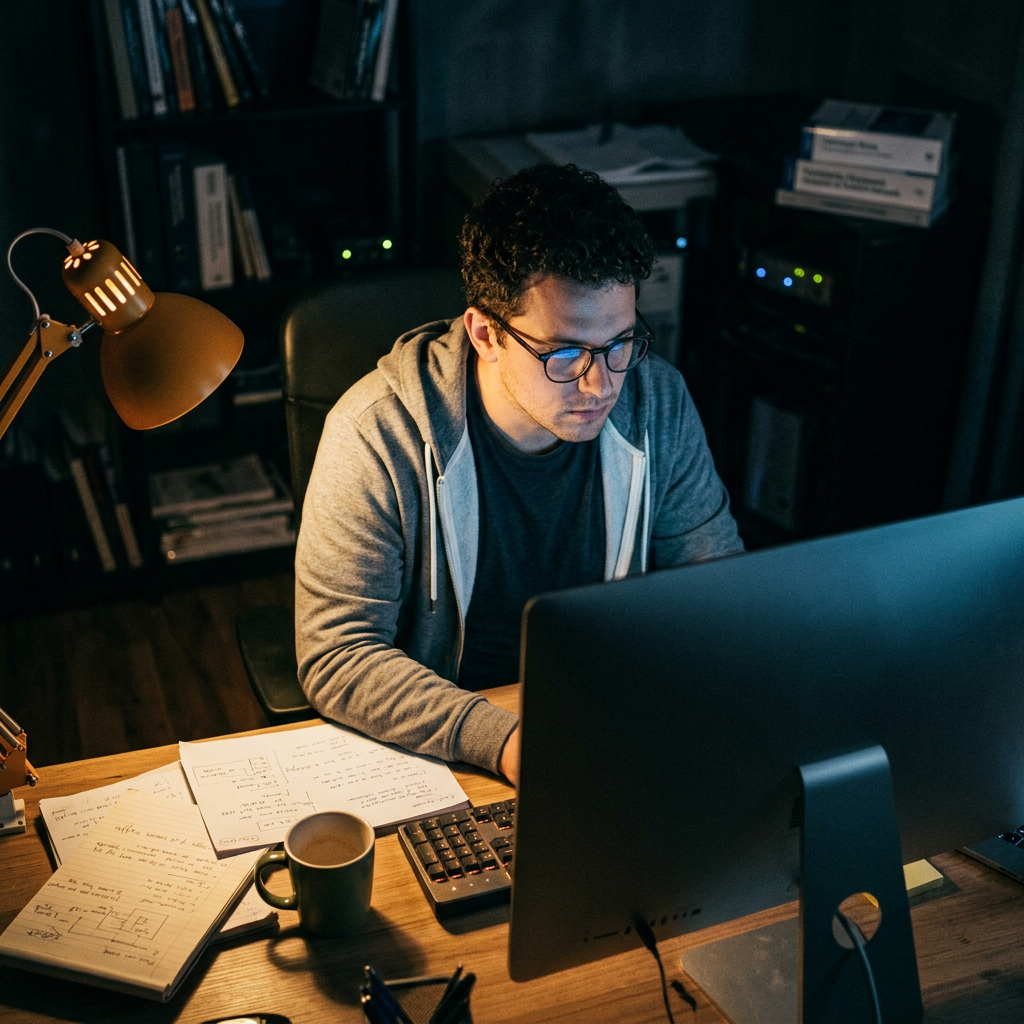 Developer focused on code at night with desk lamp glow