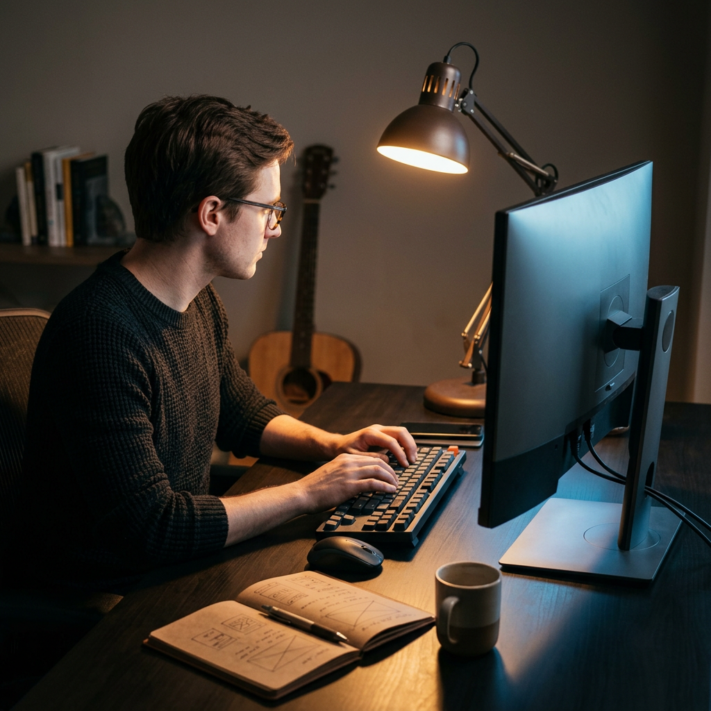 Developer editing blog content at desk with CMS interface