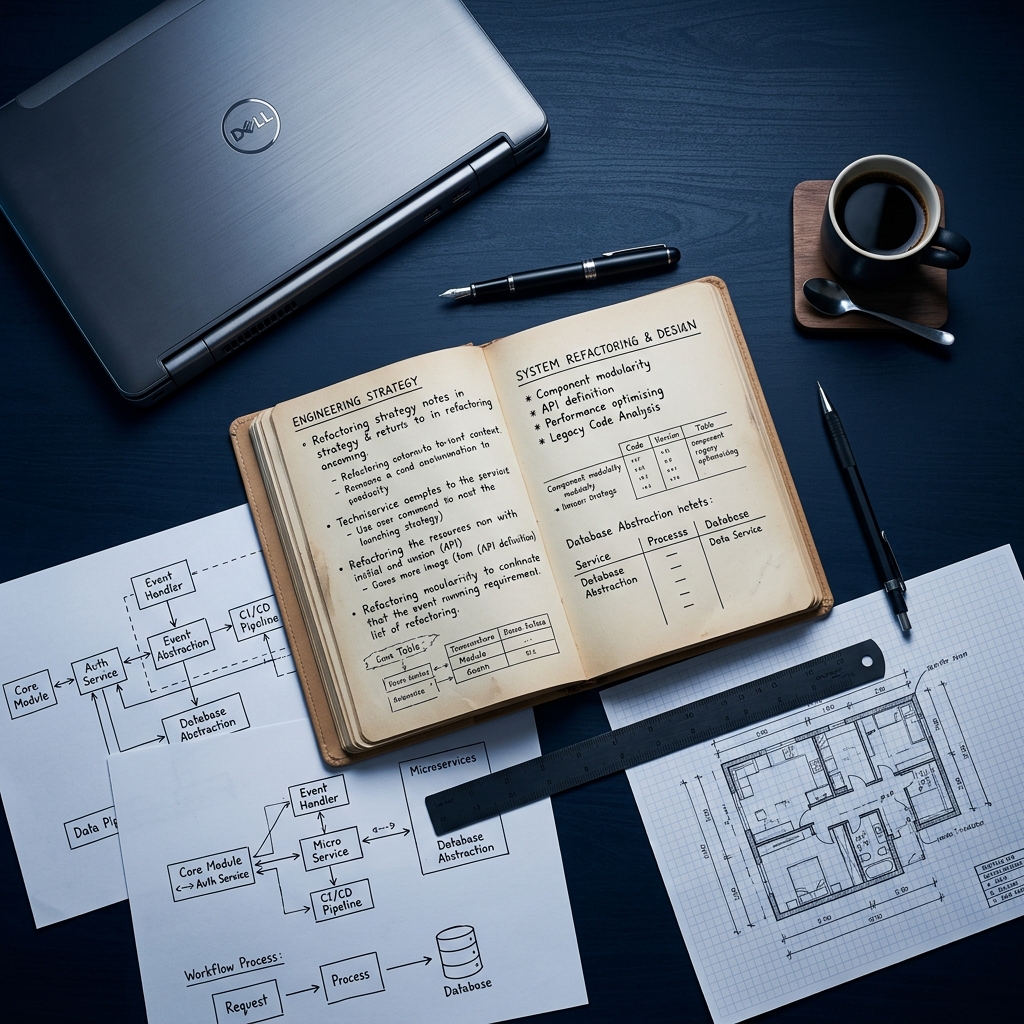 Refactoring strategy notes and system diagrams on engineer's desk
