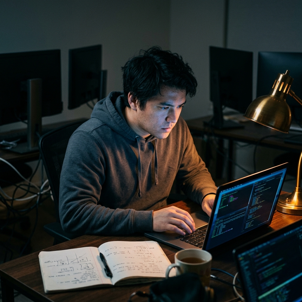 Developer profiling code at dark desk with laptop glow