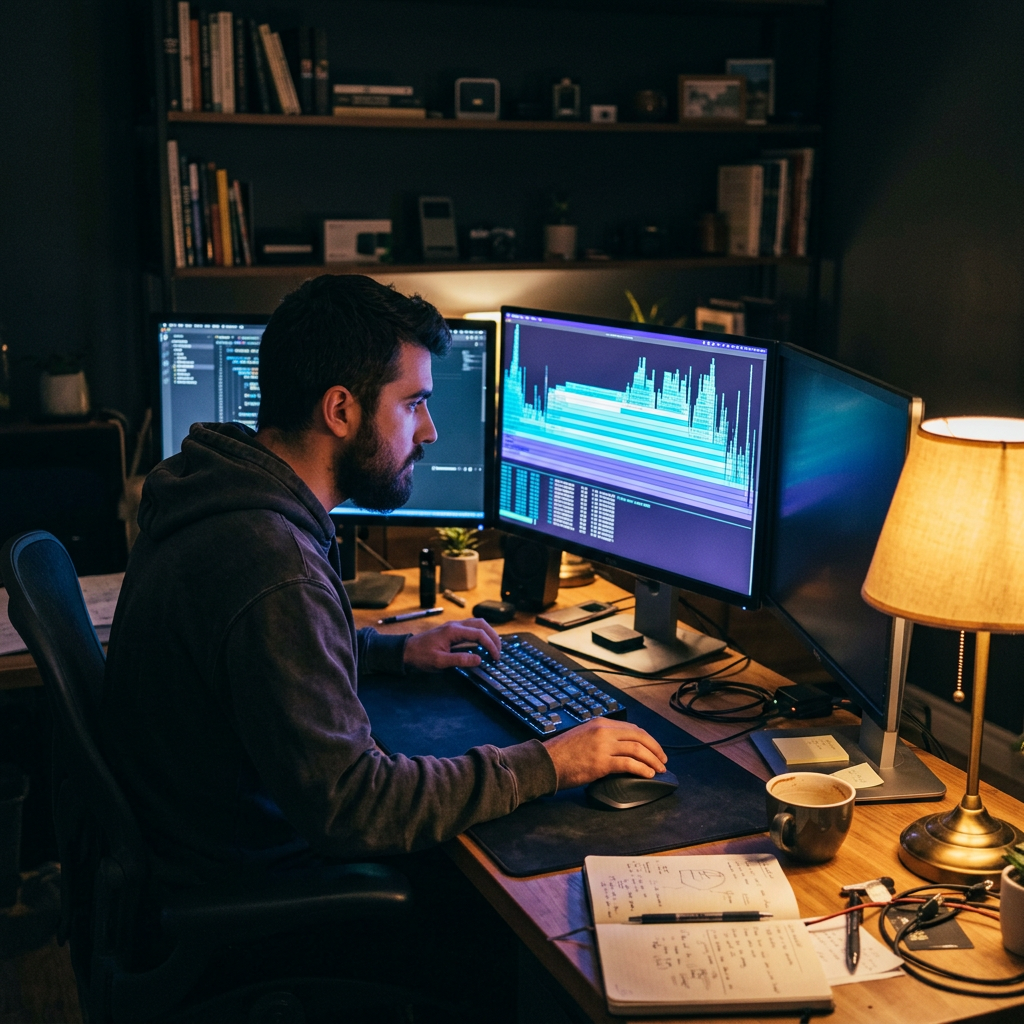 Developer analyzing performance flame graph at night