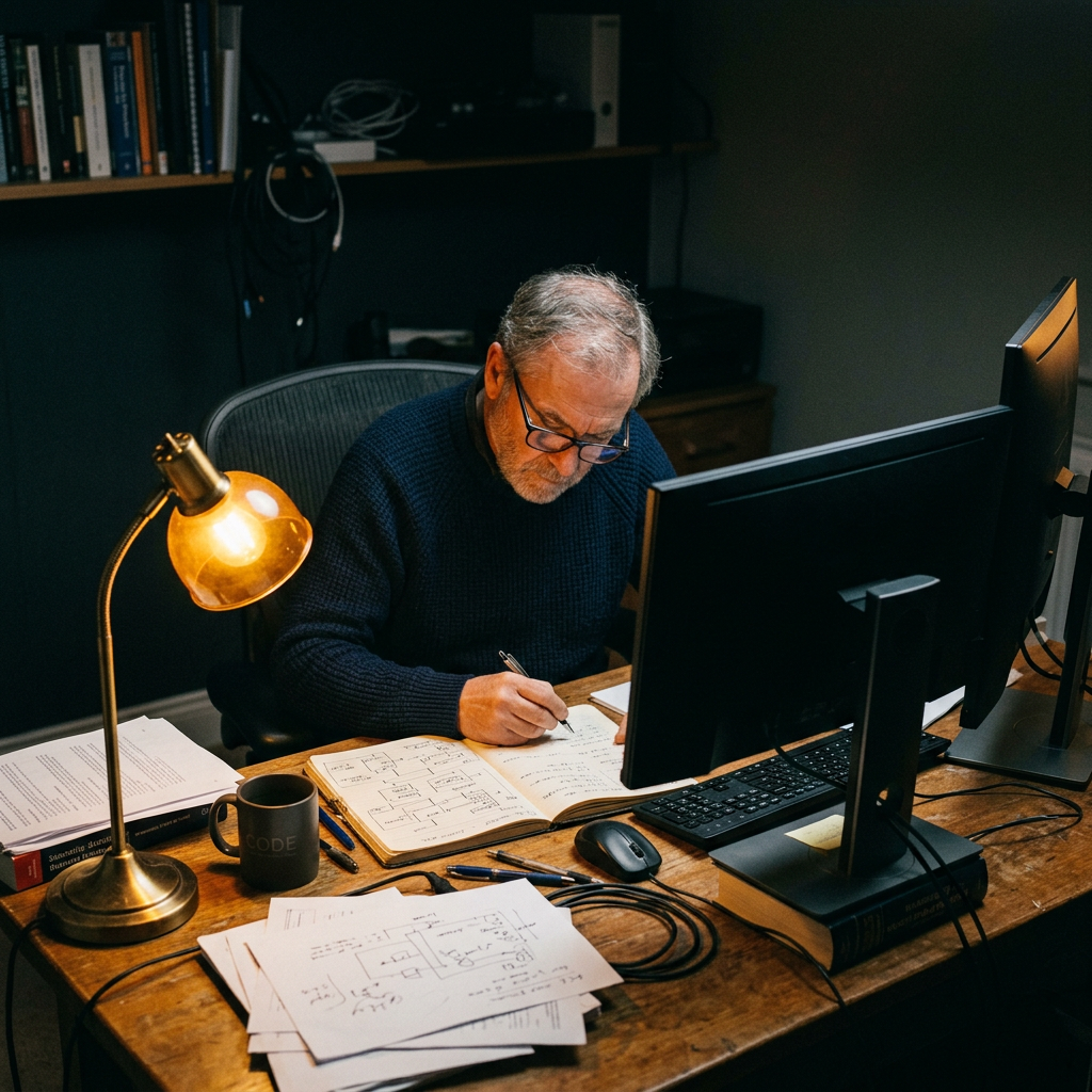 Developer intensely analyzing legacy code at desk