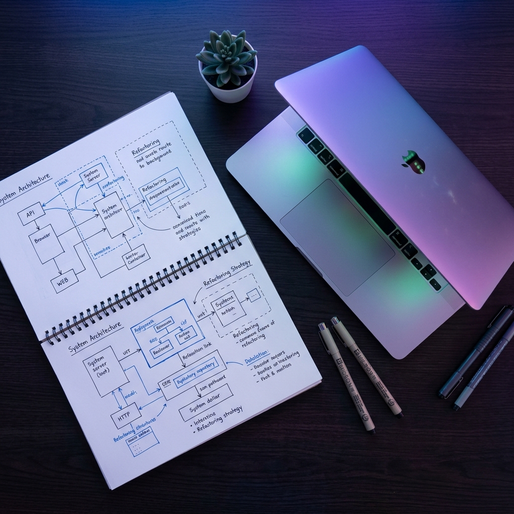 Engineering notebook with refactoring diagrams and laptop