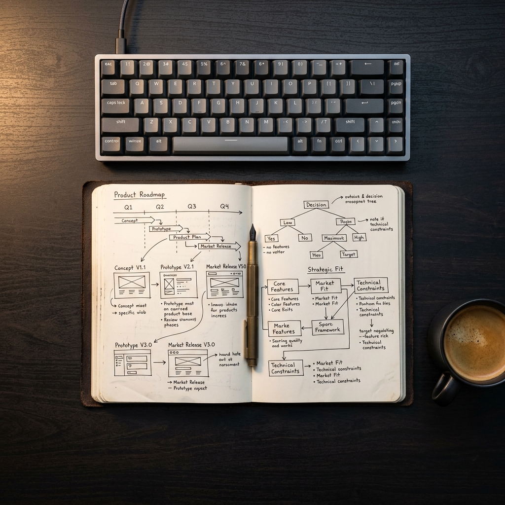 Product strategy framework sketched in open engineering notebook