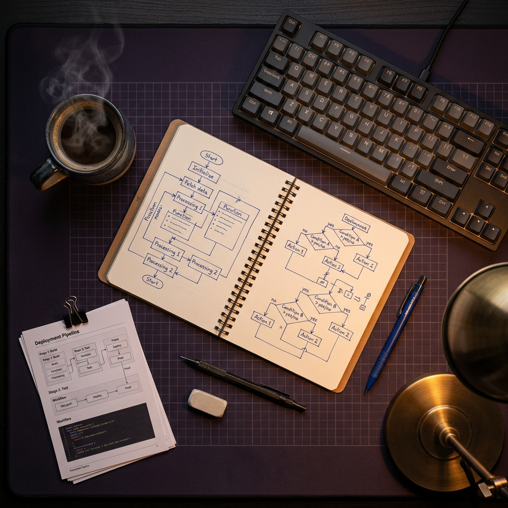 Engineering workspace with diagrams and documentation