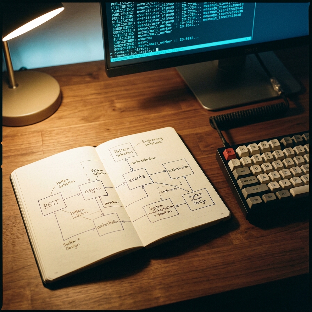Handwritten microservices communication patterns and terminal logs