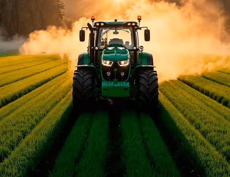 Green tractor driving through rows of crops with dust rising at sunset