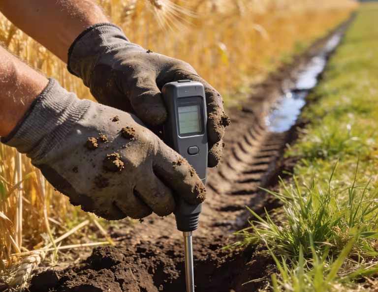 Gloved hands inserting a soil moisture sensor probe into farmland soil beside a wheat field