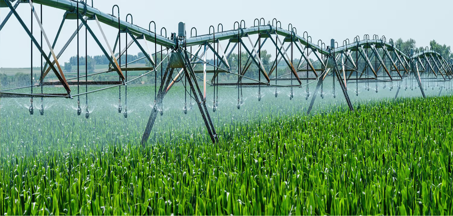 Large center-pivot irrigation system spraying water over a bright green crop field
