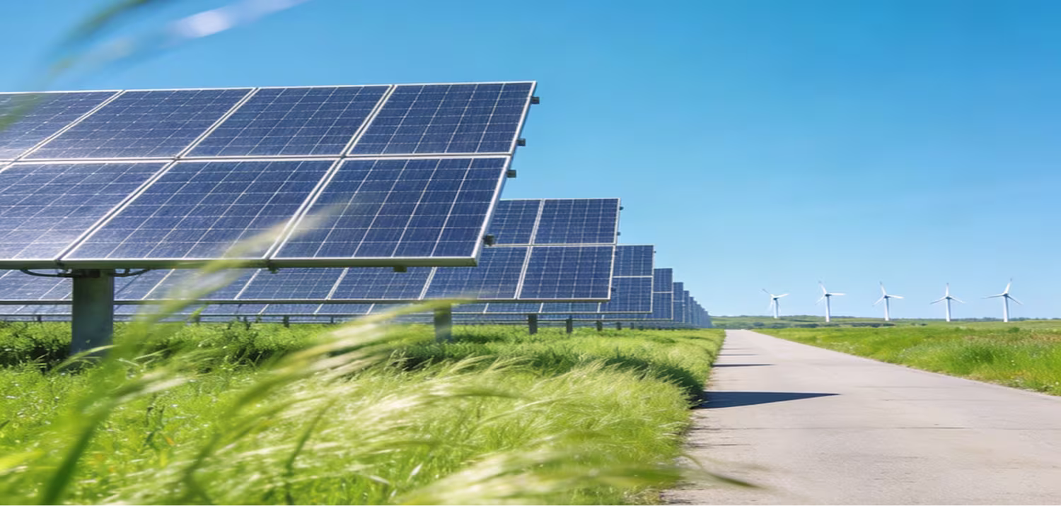 Row of solar panels along a rural road with wind turbines visible on the horizon under a clear blue sky
