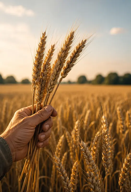 Close-up of two hands inspecting ripe wheat ears against a blue sky