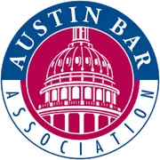 Austin Bar Association logo featuring a white illustration of a domed building on a maroon background, encircled by blue and white rings with the text 'Austin Bar Association'.