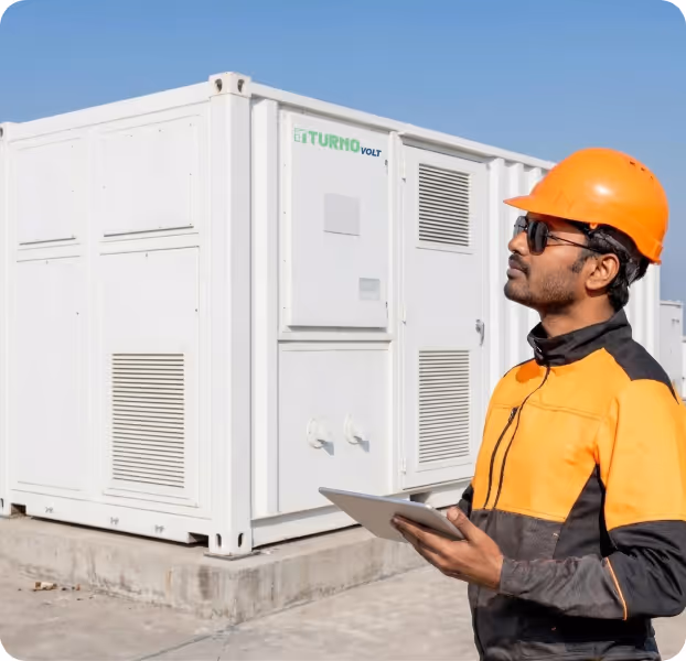 Engineer in orange safety helmet and jacket holding a tablet standing next to a large white industrial container labeled TURNO VOLT under a clear blue sky.