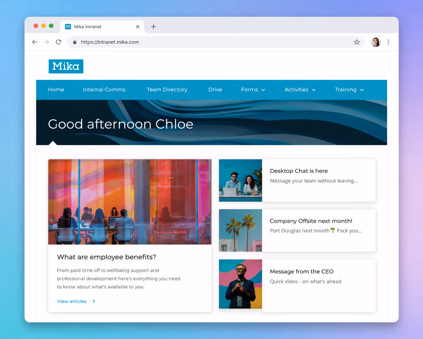 CentricMinds intranet interface showing knowledge base, smart search, and personalized employee content