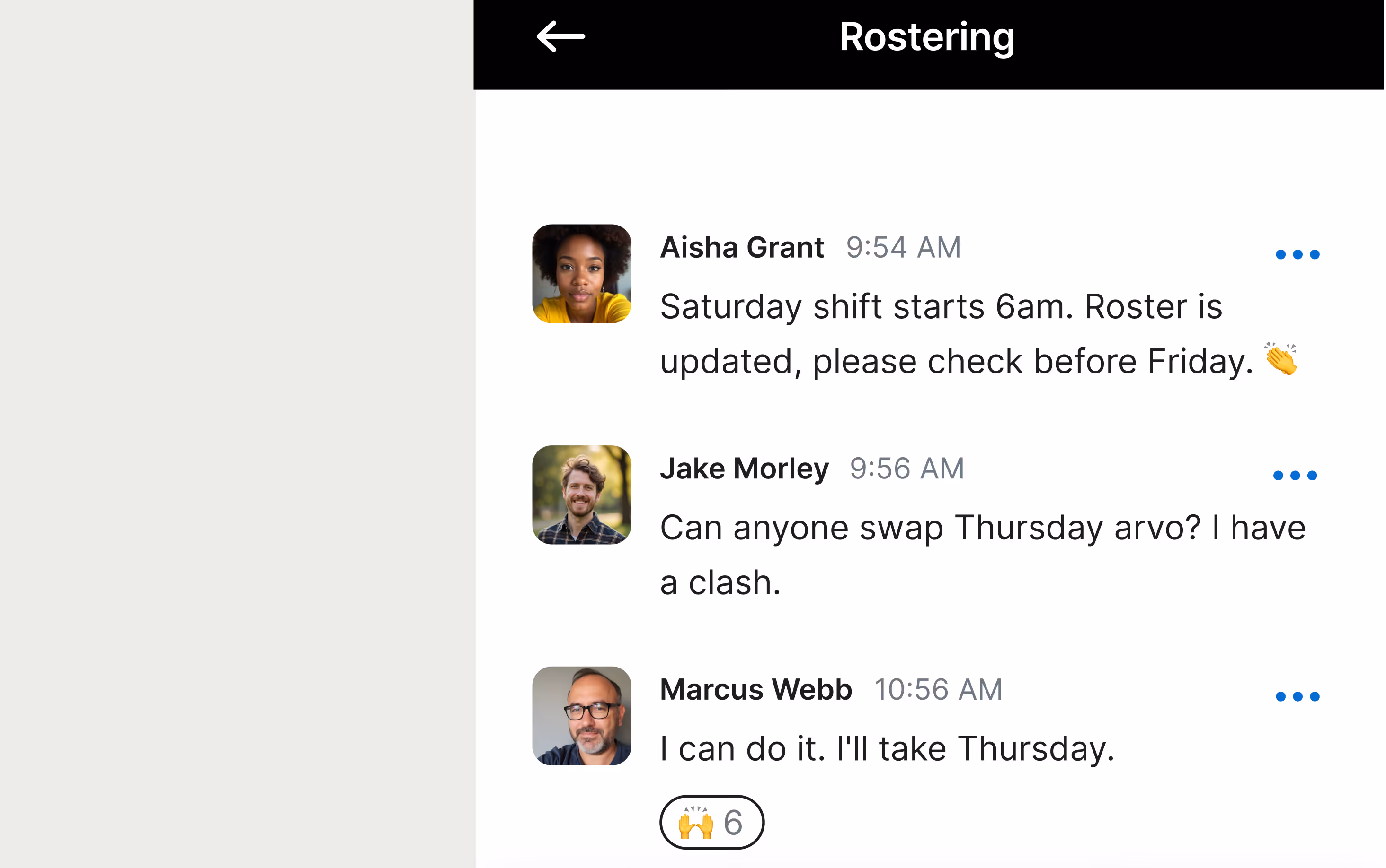Work app interface showing team messaging, updates and employee recognition features to keep the whole team in the loop