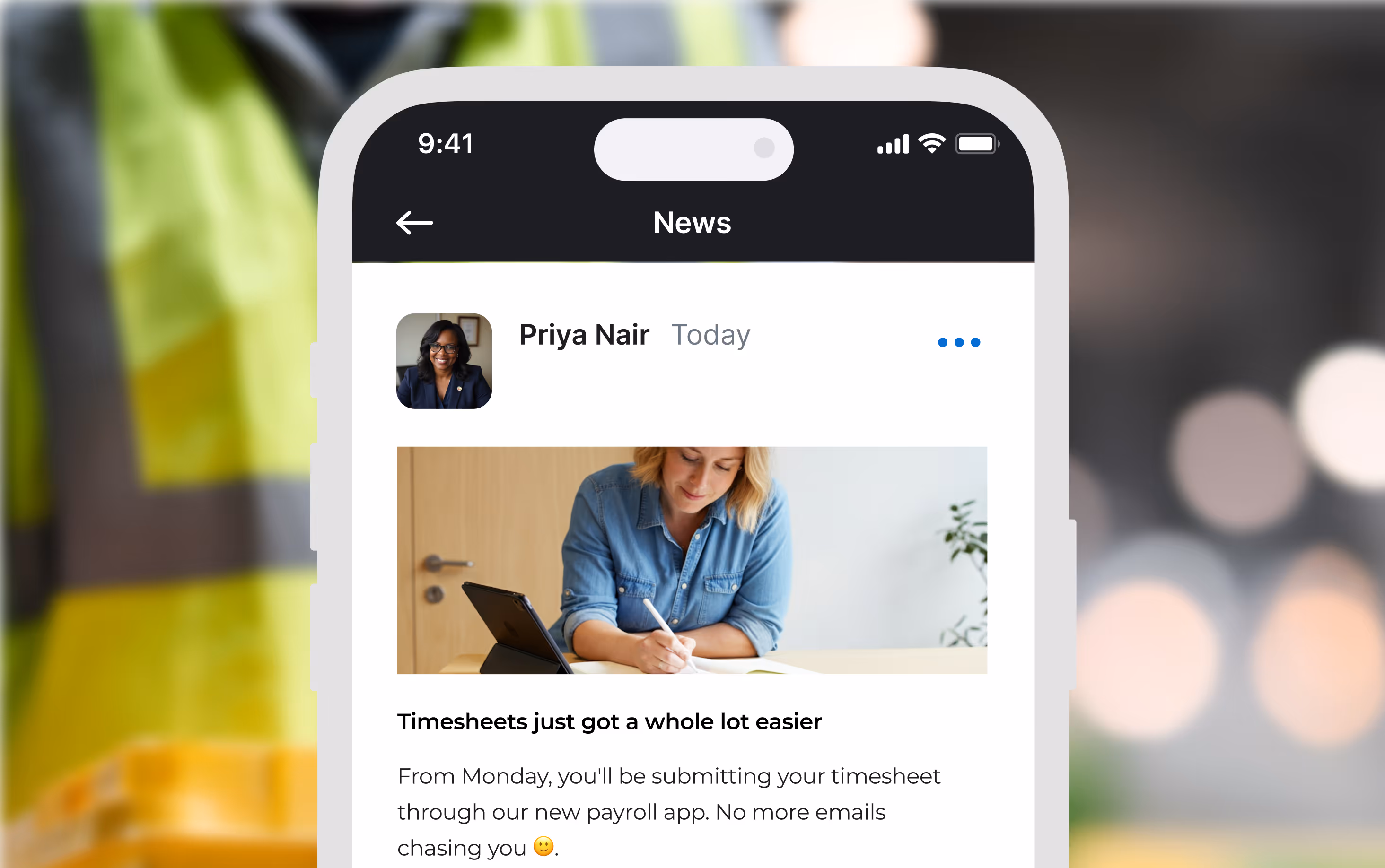 Work App news dashboard showing internal updates and company announcements