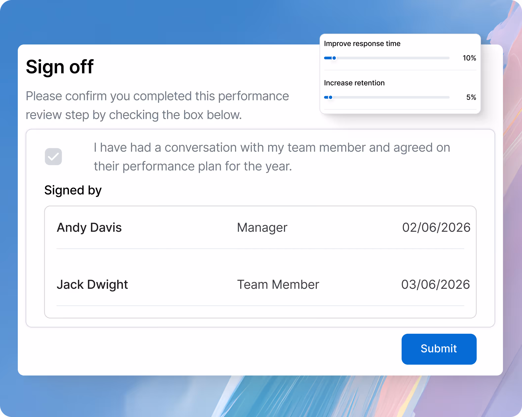 Performance review dashboard showing goals progress, check-in history and employee feedback