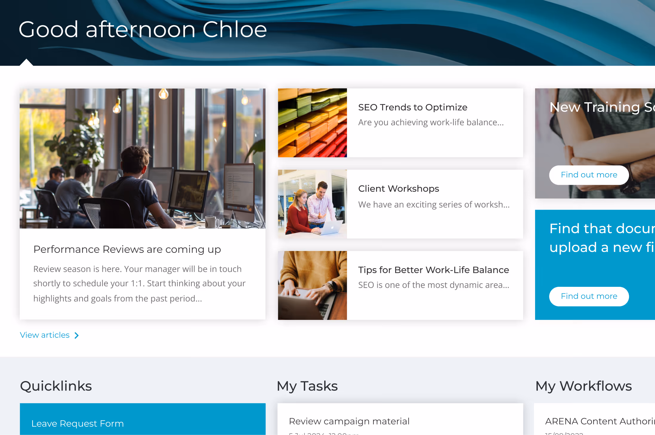 Employee intranet dashboard showing company updates, resources and internal communication tools
