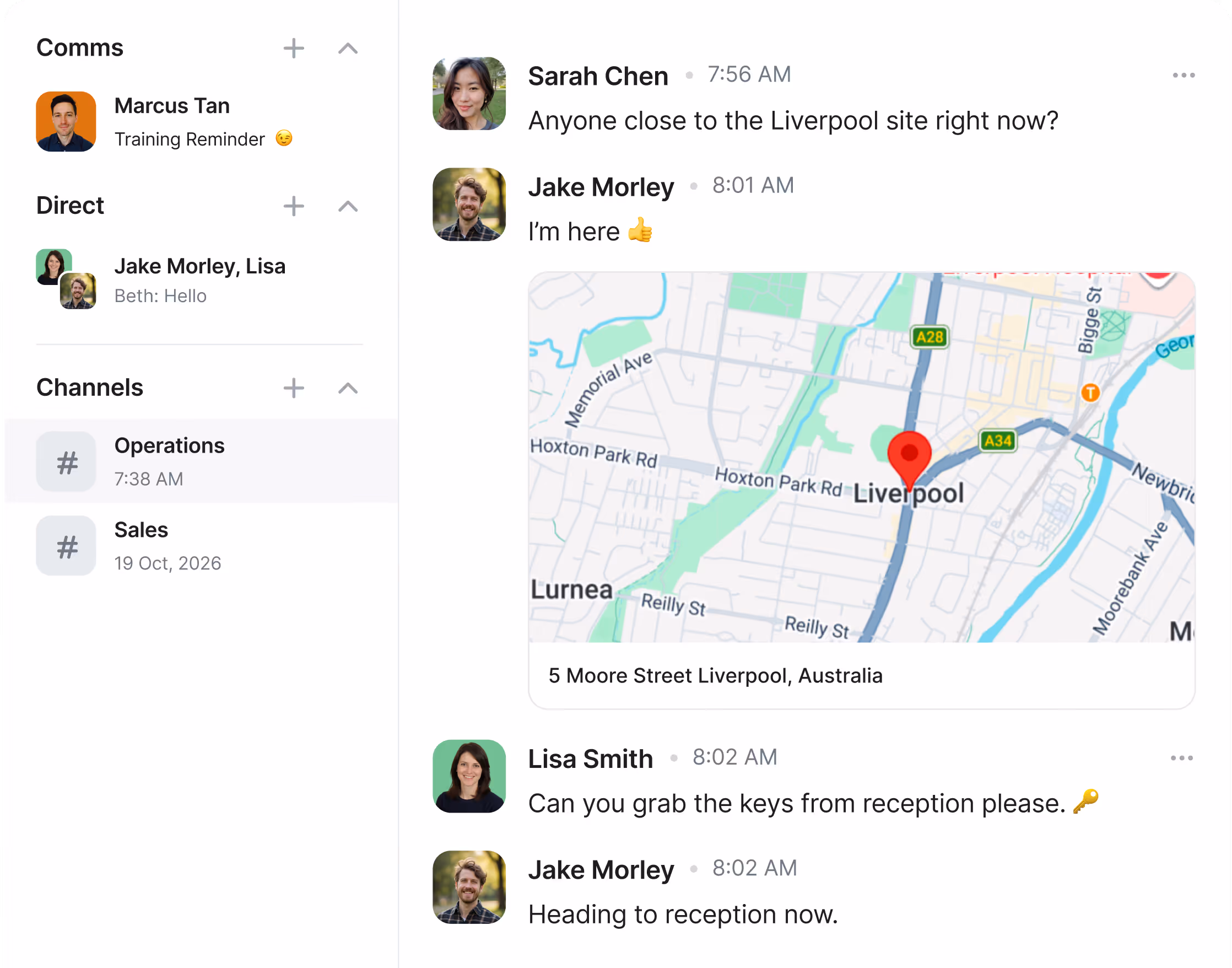 Employee communication dashboard showing messaging, updates and team collaboration in a work app