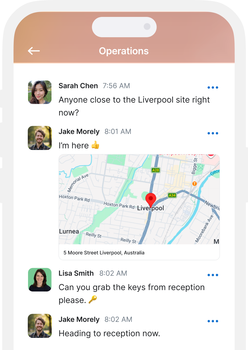 Mobile work app interface for employee communication with messages, updates and team interactions