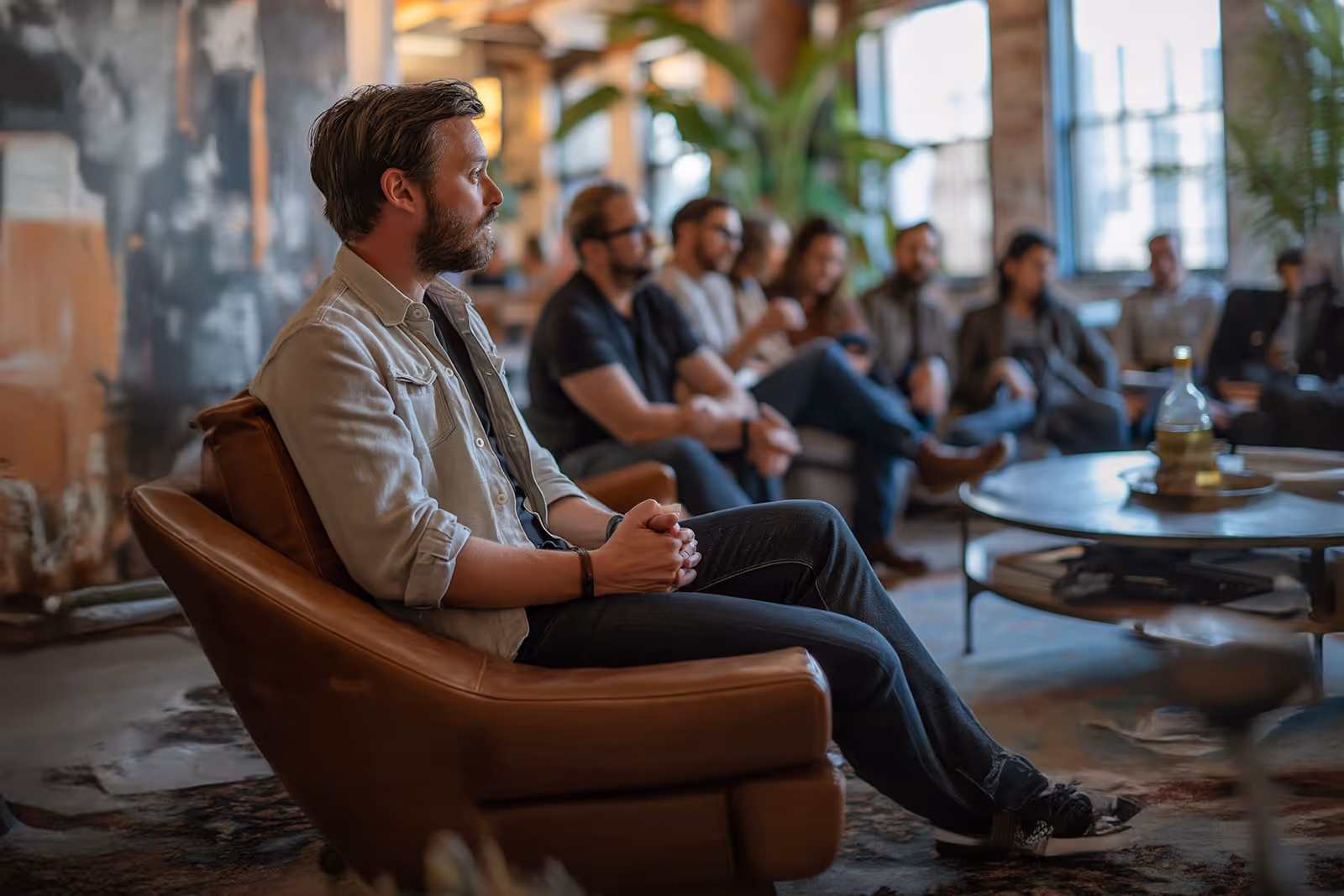 Team of employees communicating and collaborating in a modern workplace environment