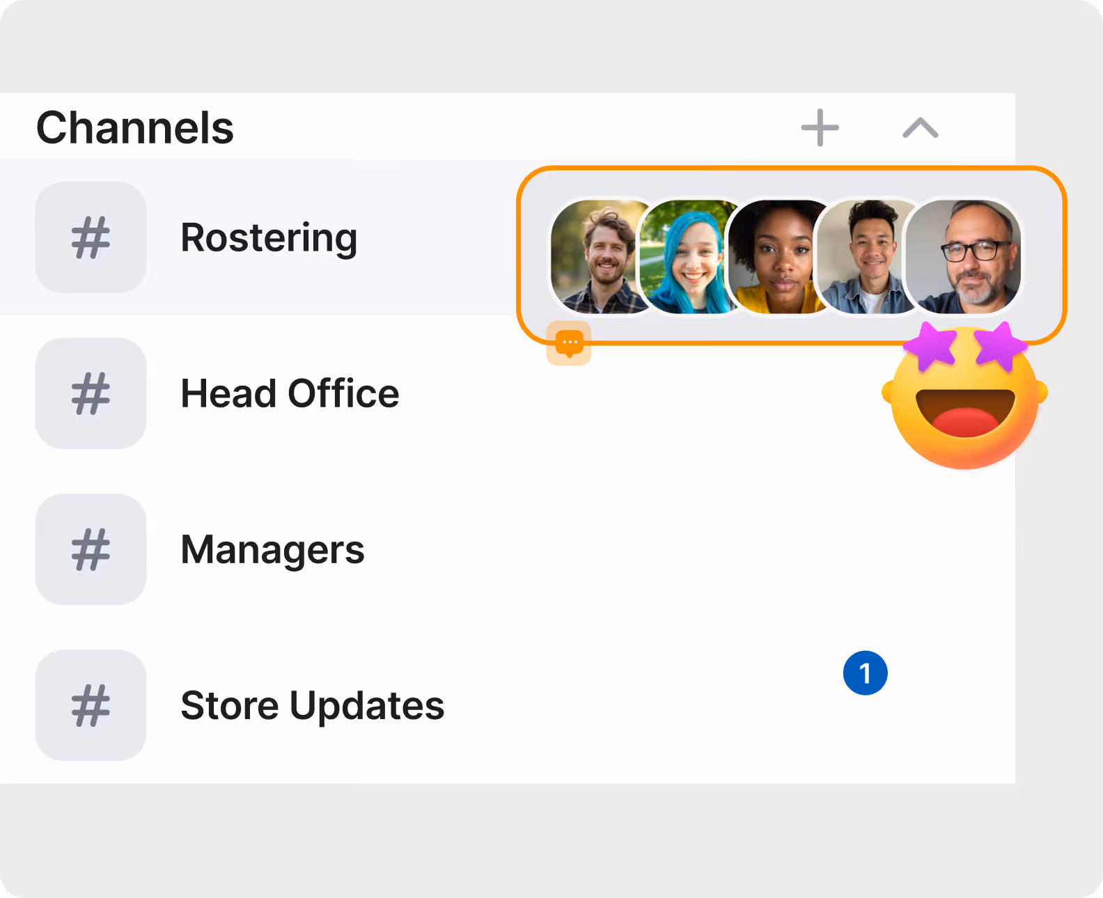 Work app messaging interface showing team channels organised by department, role and location for clear communication