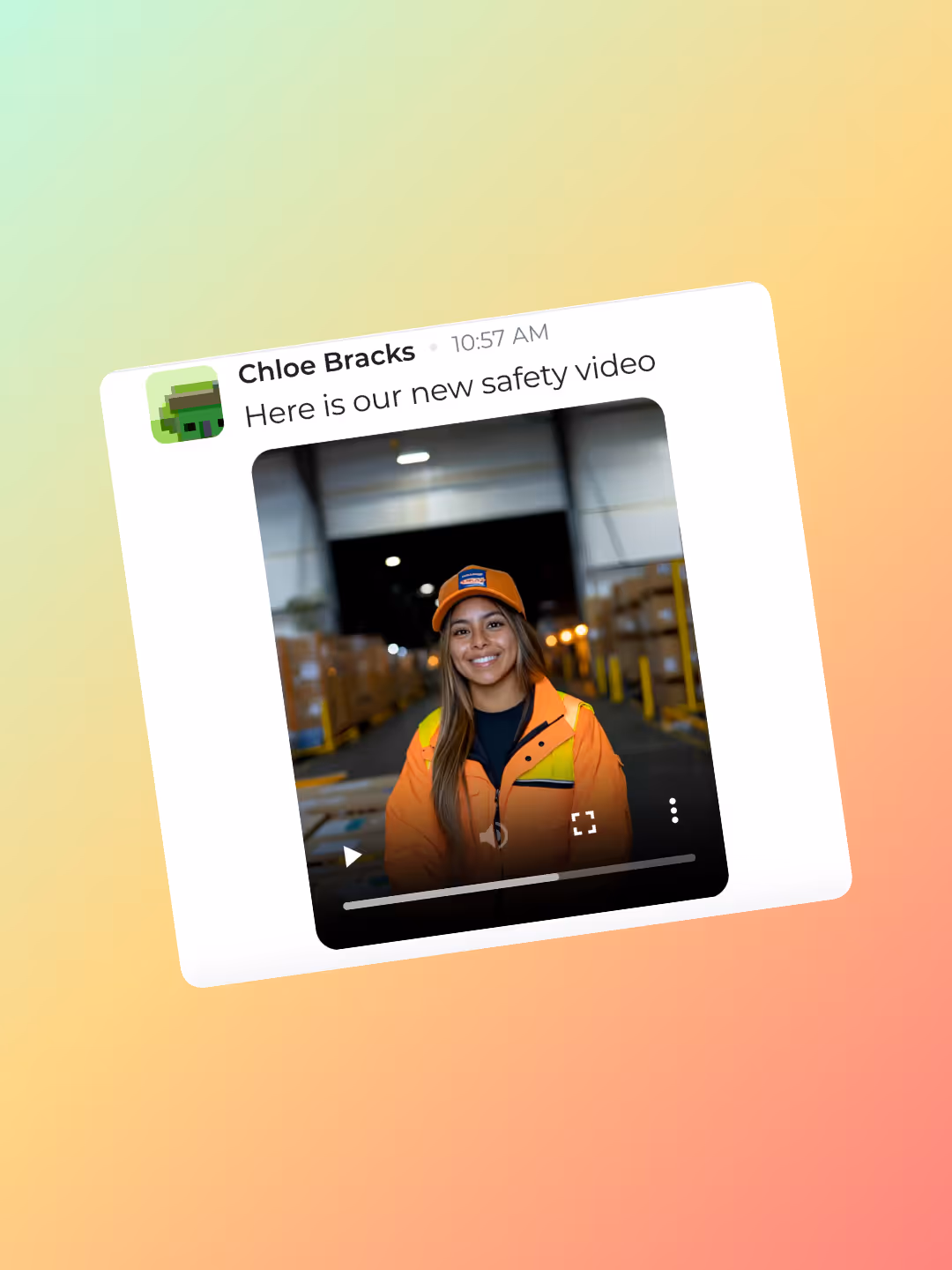 Work app chat interface showing file and video sharing in team conversations