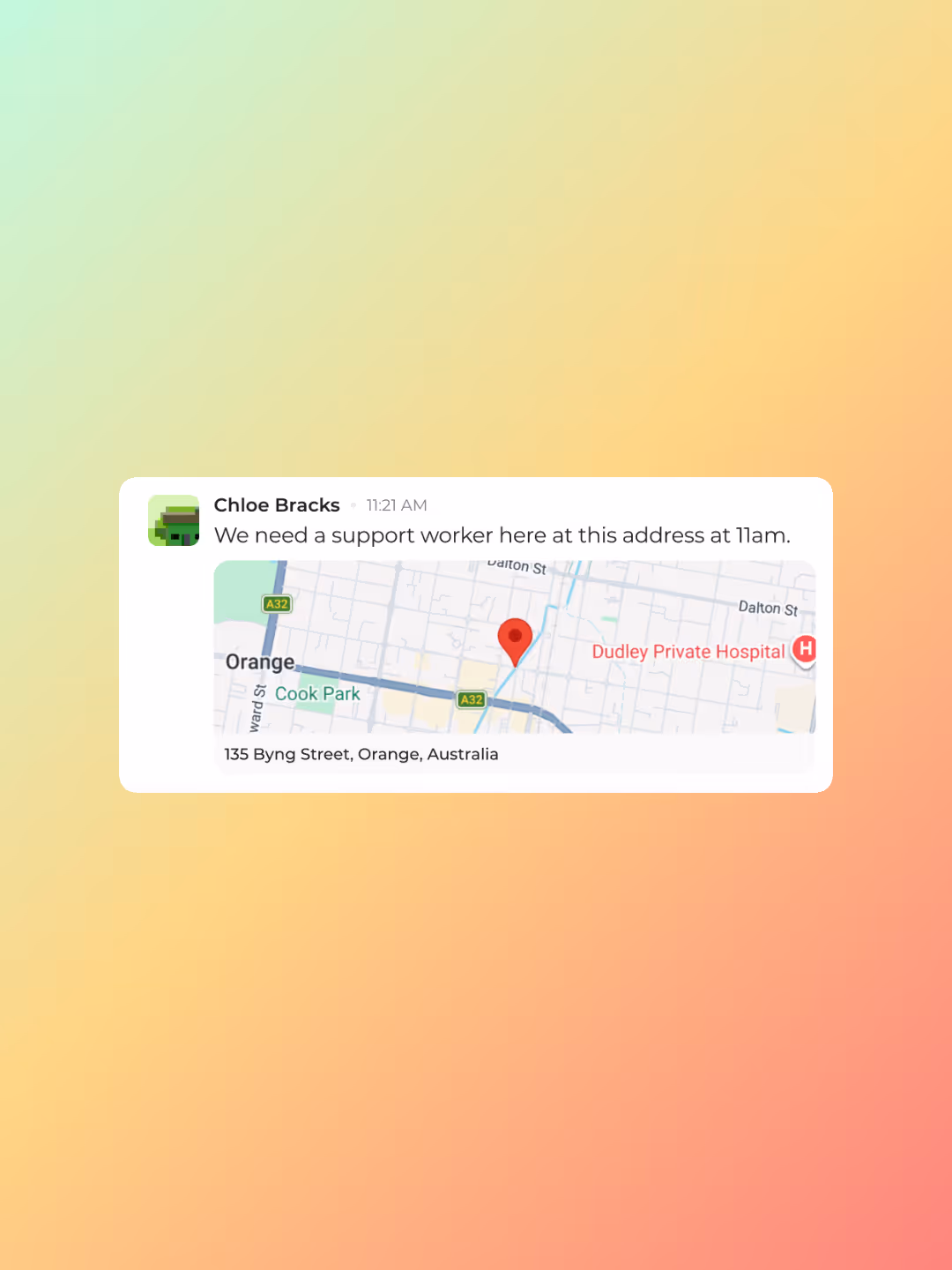 Work app chat interface showing instant location sharing with map inside a team conversation