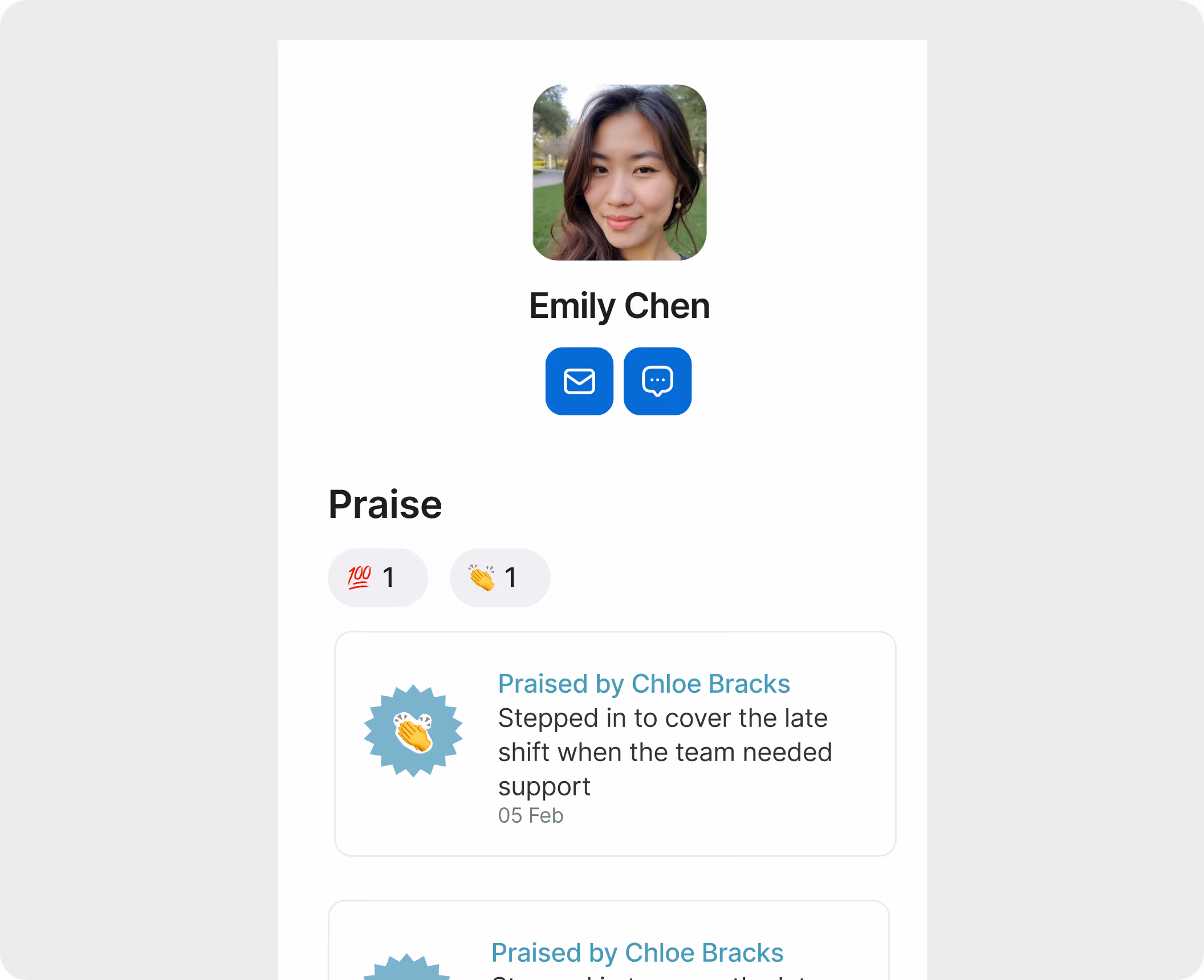 Employee praise and recognition feature showing real time feedback from managers and peers in a work app