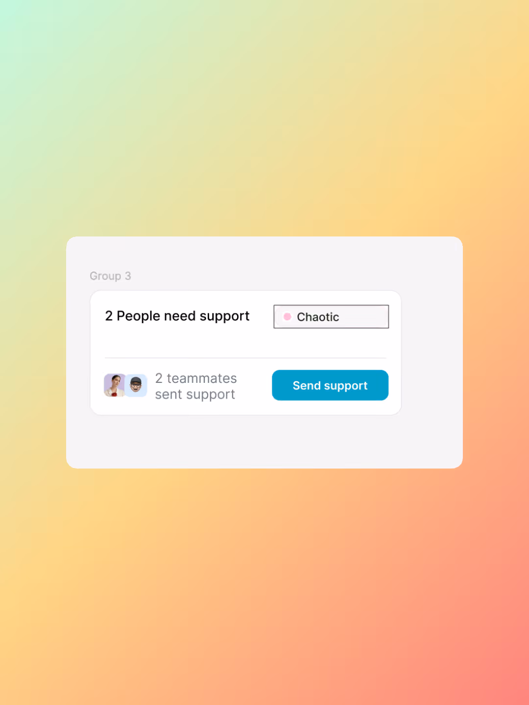 Work app messaging interface showing one tap support message to help teammates and improve employee communication