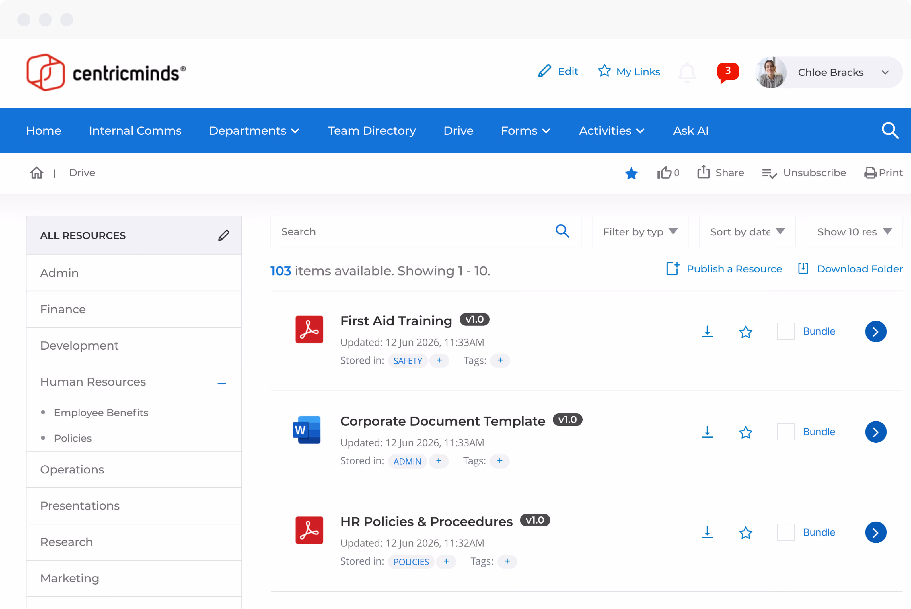 Intranet document management dashboard showing document library, search and file organization for employees