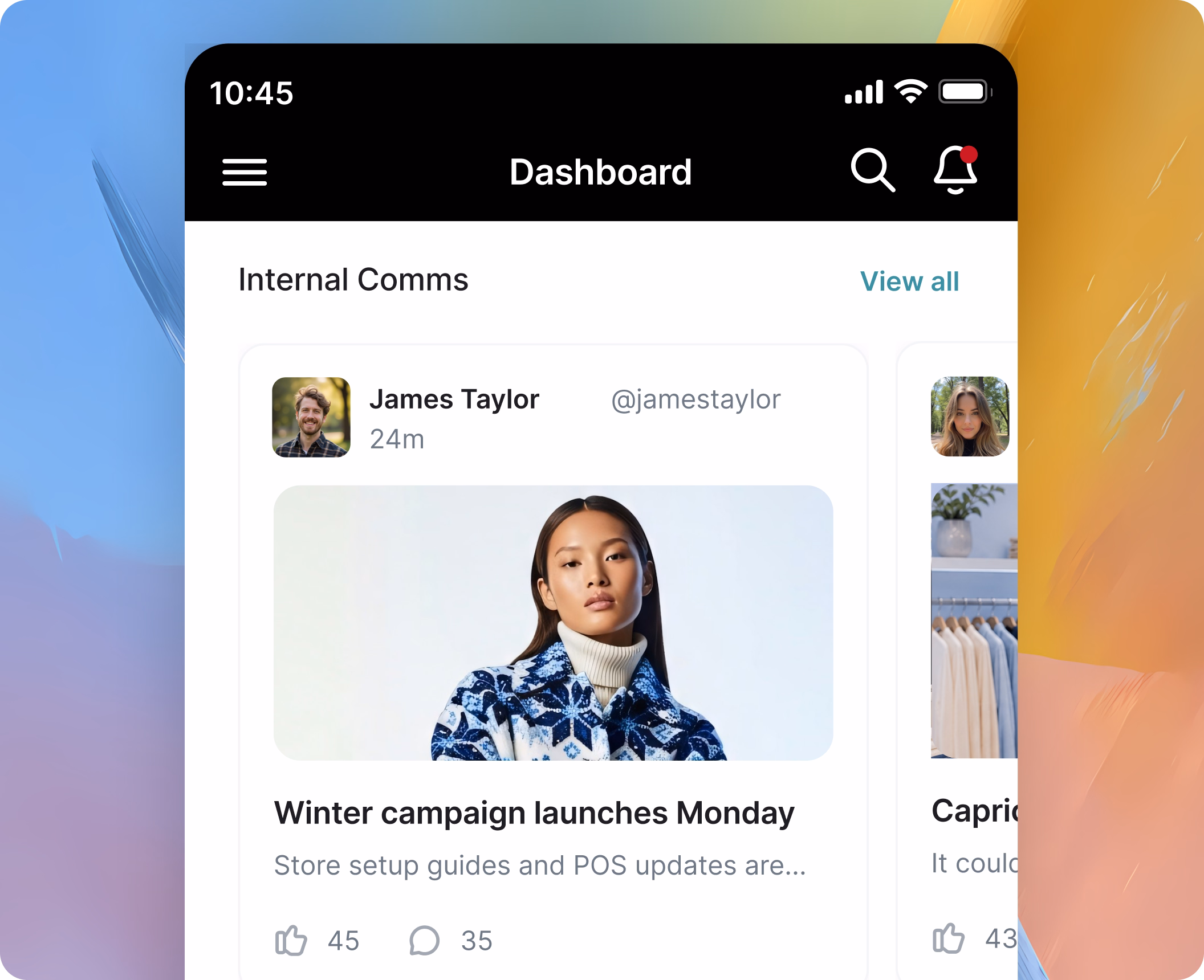 News and updates publishing interface synchronising content between the intranet and employee app.