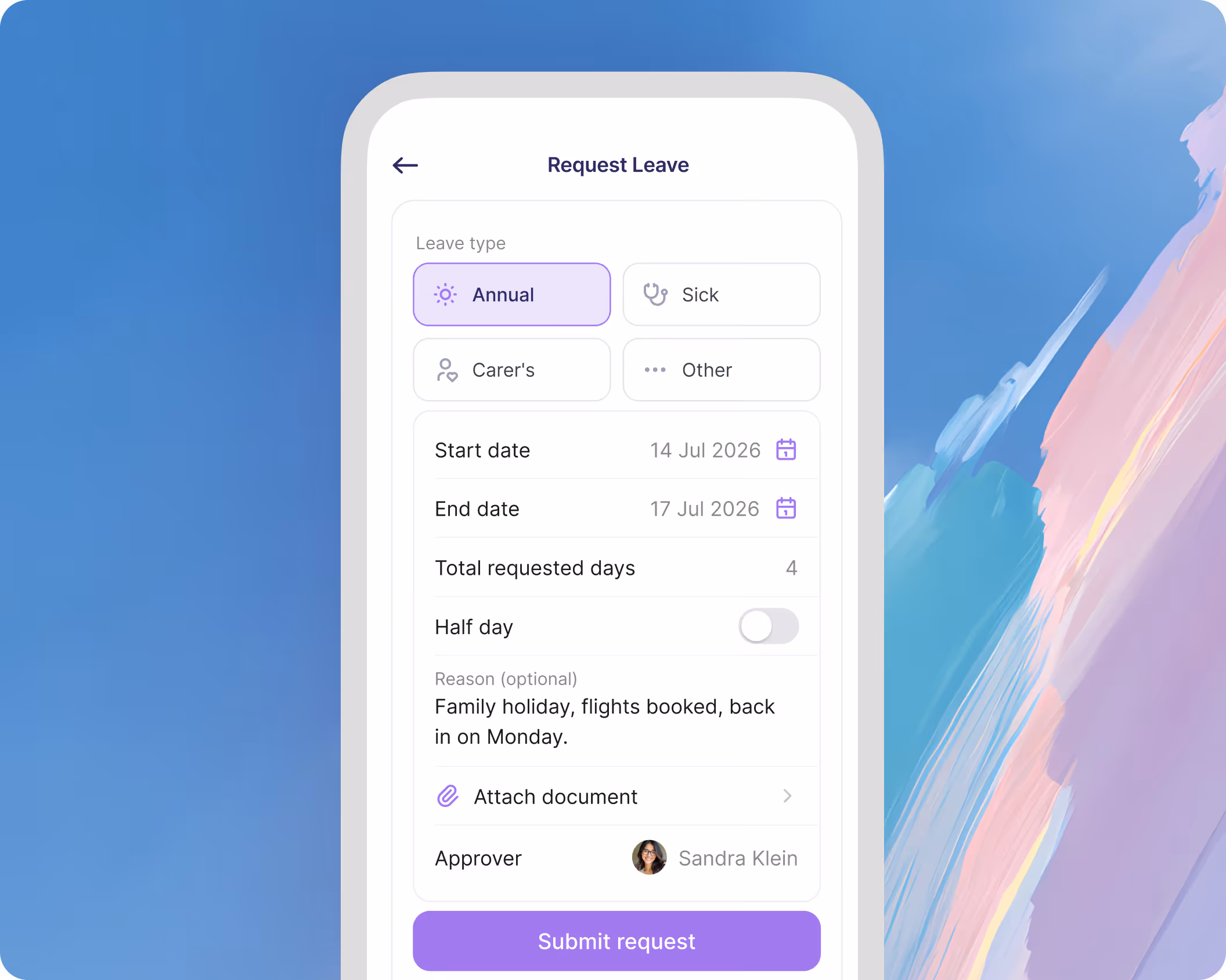 Employee App interface for submitting forms, managing approvals, and automating workplace workflows.