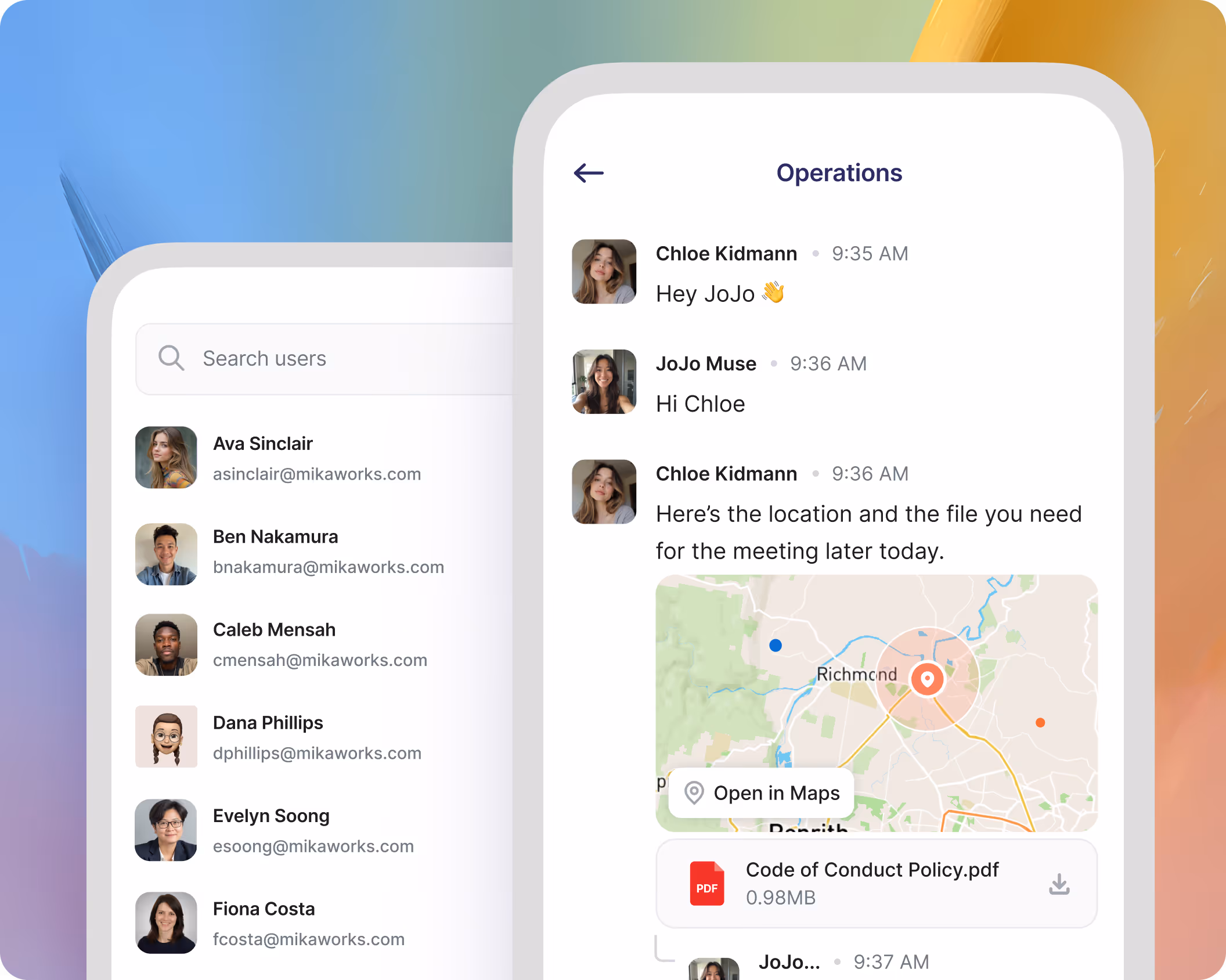 Employee App messaging interface connecting teams through channels, direct messages, and company-wide communication.