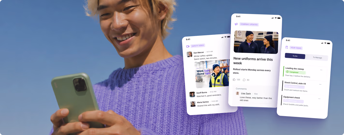 Frontline worker smiling at his phone, with CentricMinds Employee App screens showing a safety video, company updates and tasks.