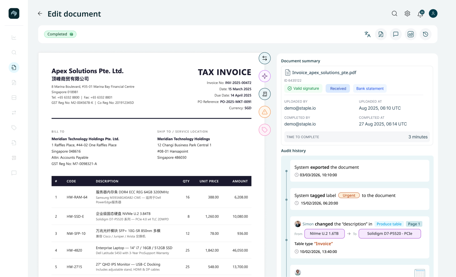 Staple dashboard extracting structured data from an invoice with field-level confidence indicators