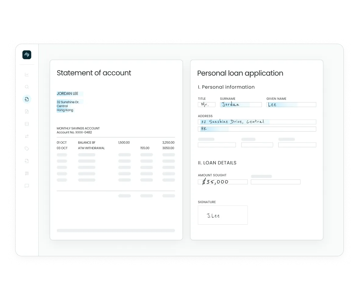 Staple interface displaying side-by-side matching of a bank statement and personal loan application, with extracted fields highlighted for cross-document verification