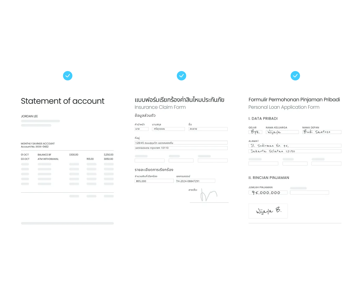 Three financial documents processed by Staple: an English bank statement, a Thai insurance claim form, and an Indonesian personal loan application