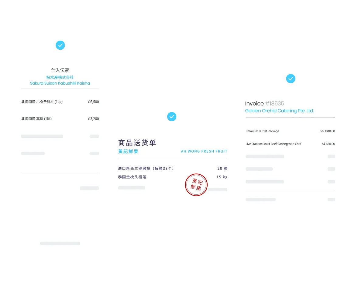 Staple processing three multilingual supplier documents: a Japanese purchase order, a Chinese Simplified delivery note with rubber stamp, and an English invoice