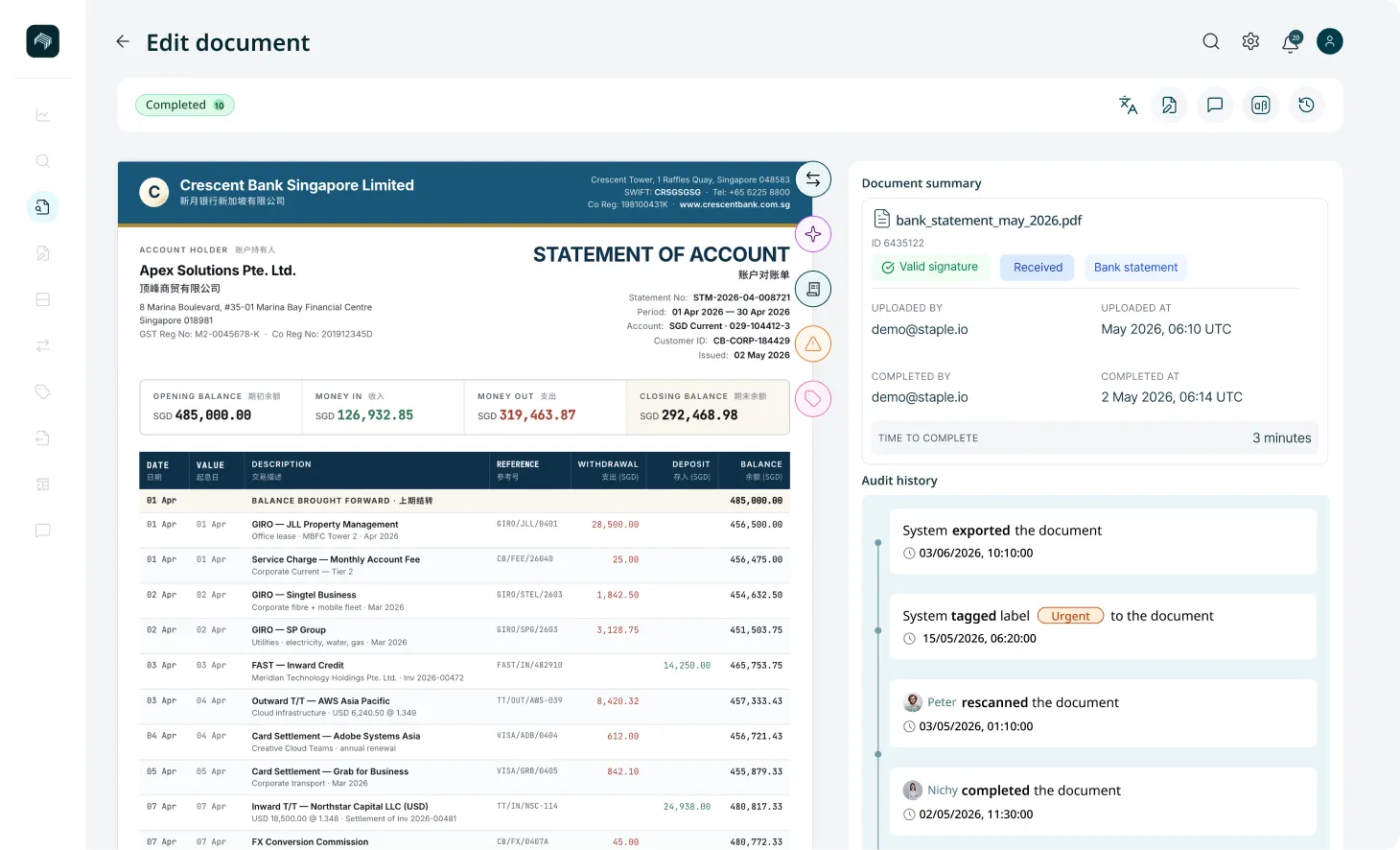 Staple document editor showing a bilingual English and Chinese bank statement with transaction lines, document summary panel, and audit history