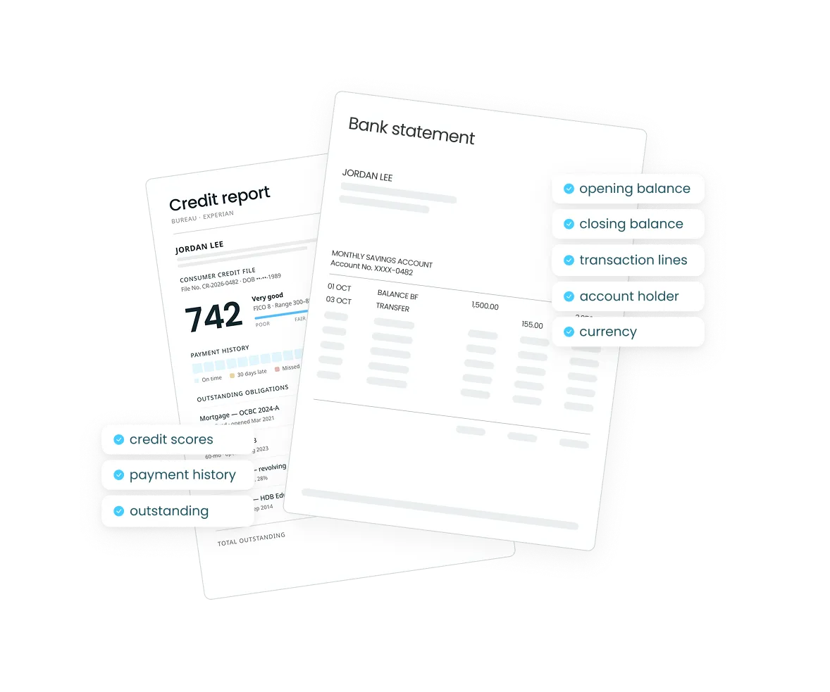 Credit report and bank statement side by side with extracted field labels including credit scores, payment history, opening balance, closing balance, and transaction lines