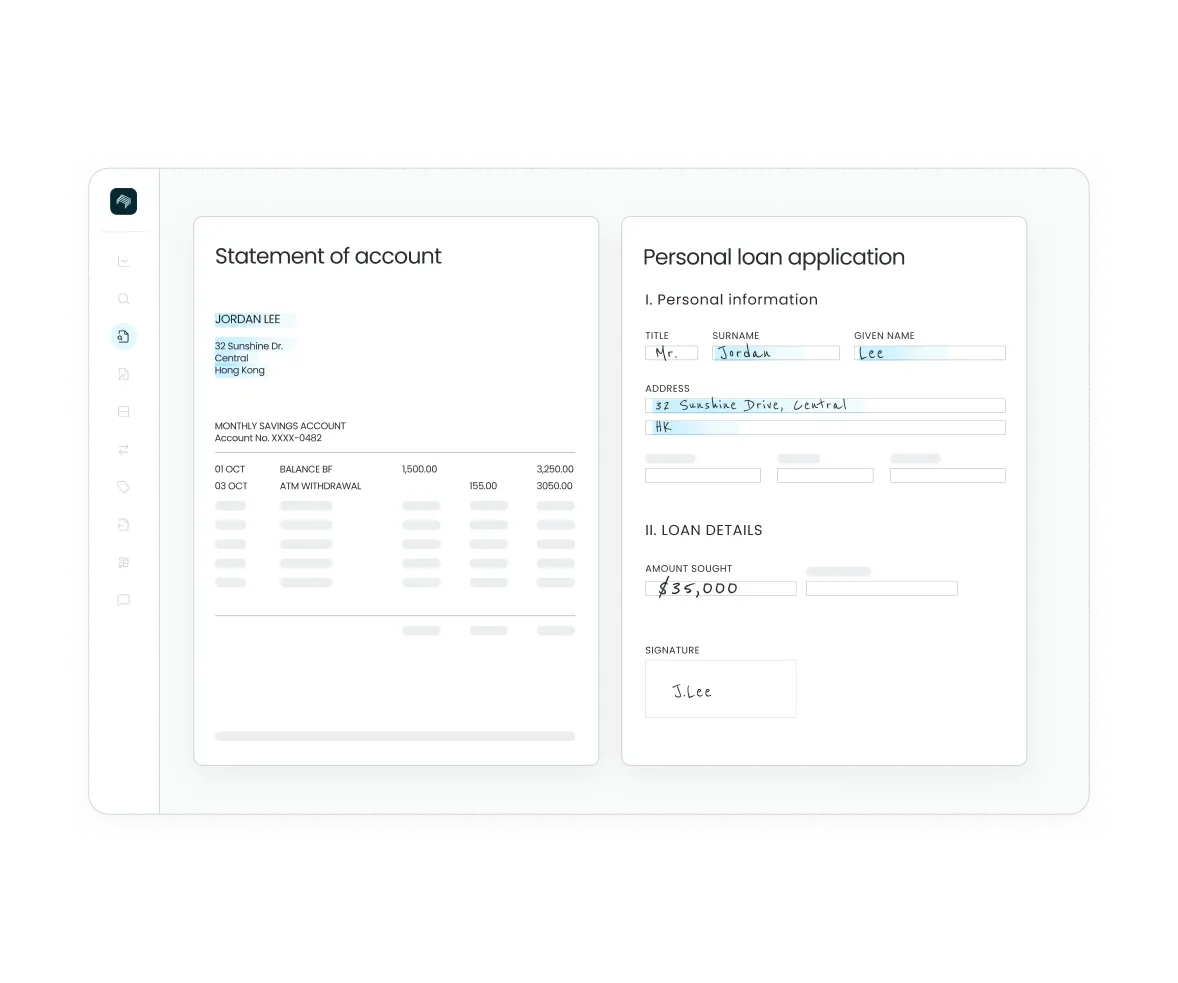 Staple interface displaying side-by-side matching of a bank statement and personal loan application, with extracted fields highlighted for cross-document verification