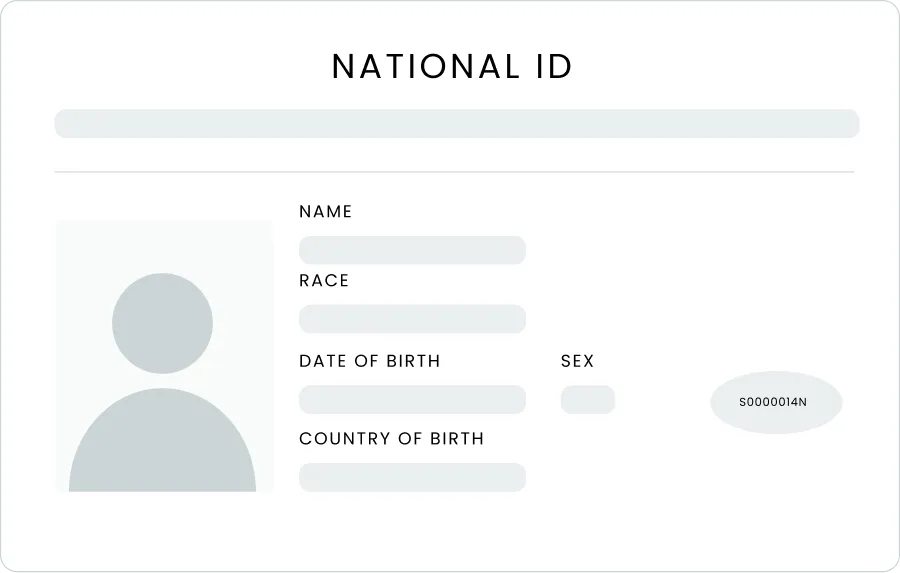 Generic national ID card template showing fields for name, race, date of birth, sex, and country of birth with a placeholder photo