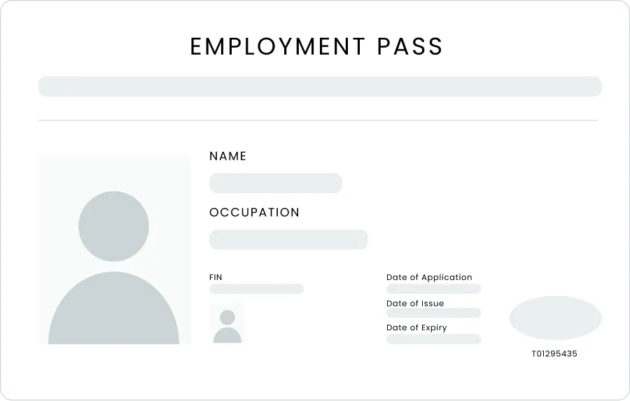 Generic employment pass template showing fields for name, occupation, FIN, date of issue, and date of expiry with a placeholder photo
