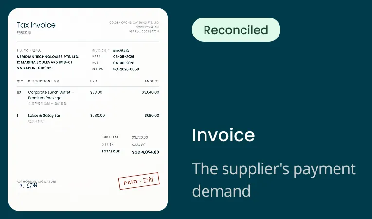 Bilingual English and Chinese tax invoice with handwritten signature and rubber PAID stamp, shown with a Reconciled status badge