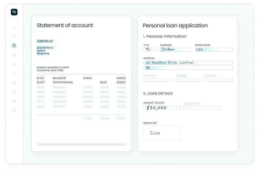 Staple interface displaying side-by-side matching of a bank statement and personal loan application, with extracted fields highlighted for cross-document verification