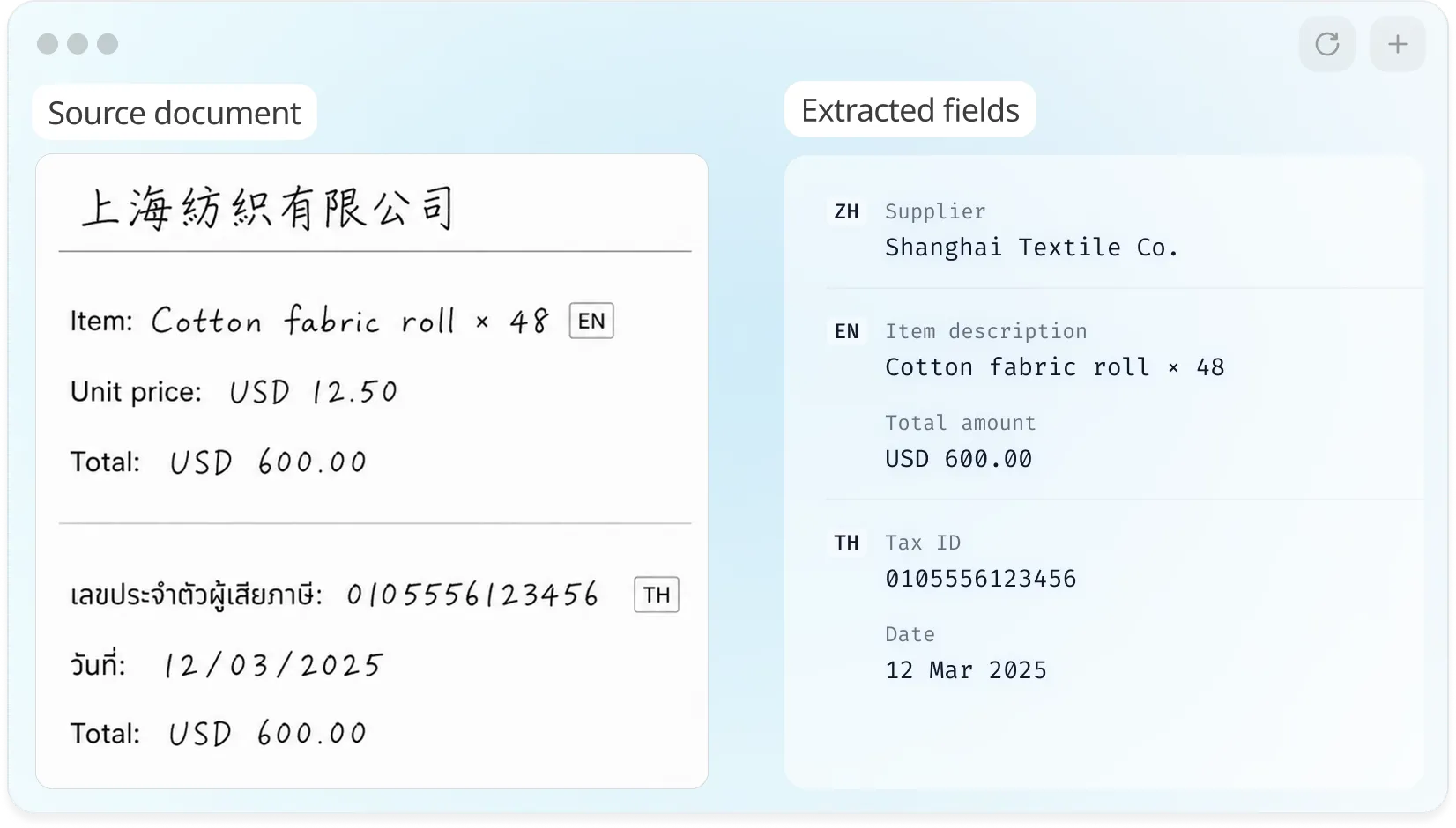Side-by-side view of a mixed Chinese, English, and Thai source document alongside extracted fields labelled by language: supplier name in Chinese, item description in English, and tax ID in Thai